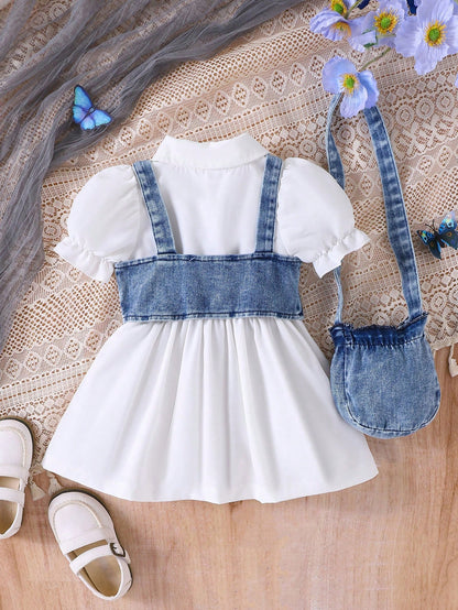 3pcs Baby Girl Set: Denim Cropped Vest Jacket, Solid Polo Collar Puff Sleeve Ruched Waist Dress And Denim Bow Decor Crossbody Bag