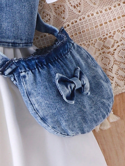 3pcs Baby Girl Set: Denim Cropped Vest Jacket, Solid Polo Collar Puff Sleeve Ruched Waist Dress And Denim Bow Decor Crossbody Bag