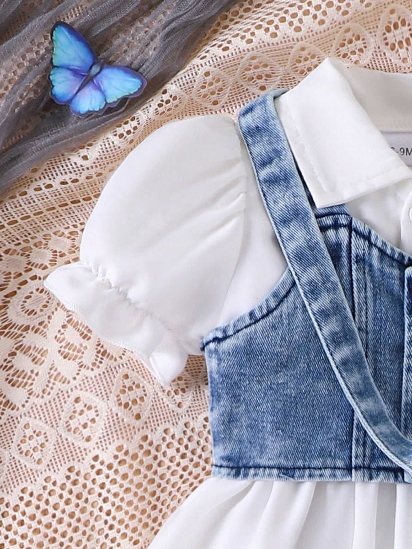 3pcs Baby Girl Set: Denim Cropped Vest Jacket, Solid Polo Collar Puff Sleeve Ruched Waist Dress And Denim Bow Decor Crossbody Bag