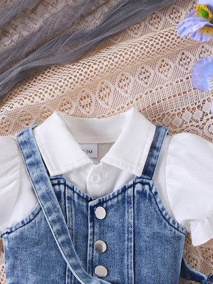 3pcs Baby Girl Set: Denim Cropped Vest Jacket, Solid Polo Collar Puff Sleeve Ruched Waist Dress And Denim Bow Decor Crossbody Bag