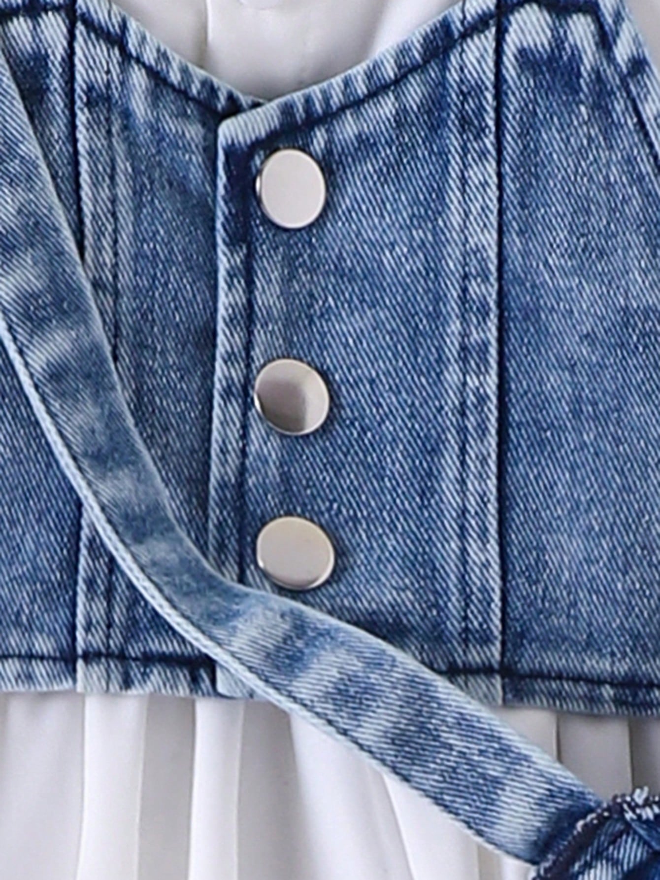 3pcs Baby Girl Set: Denim Cropped Vest Jacket, Solid Polo Collar Puff Sleeve Ruched Waist Dress And Denim Bow Decor Crossbody Bag