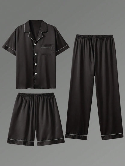 3pcs Casual Men's Short Sleeve T-Shirt, Shorts & Pants 3 Pieces Pajama Set