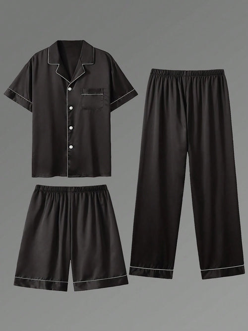 3pcs Casual Men's Short Sleeve T-Shirt, Shorts & Pants 3 Pieces Pajama Set