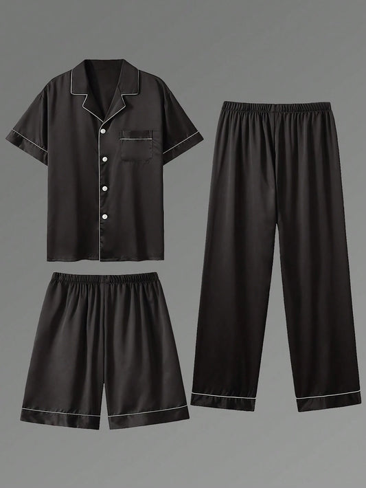 3pcs Casual Men's Short Sleeve T-Shirt, Shorts & Pants 3 Pieces Pajama Set