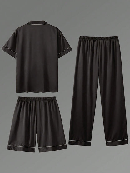 3pcs Casual Men's Short Sleeve T-Shirt, Shorts & Pants 3 Pieces Pajama Set