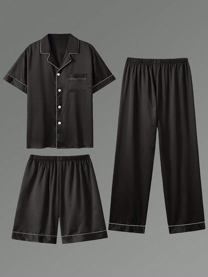 3pcs Casual Men's Short Sleeve T-Shirt, Shorts & Pants 3 Pieces Pajama Set