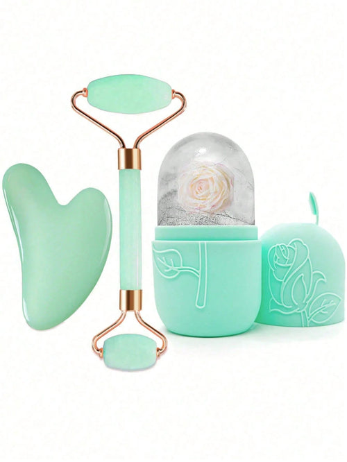 3pcs Facial Beauty Gua Sha Ice Mold Set, Roller Massage Gua Sha Tool Kit, Green Body Detox & Facial Lifting Massage