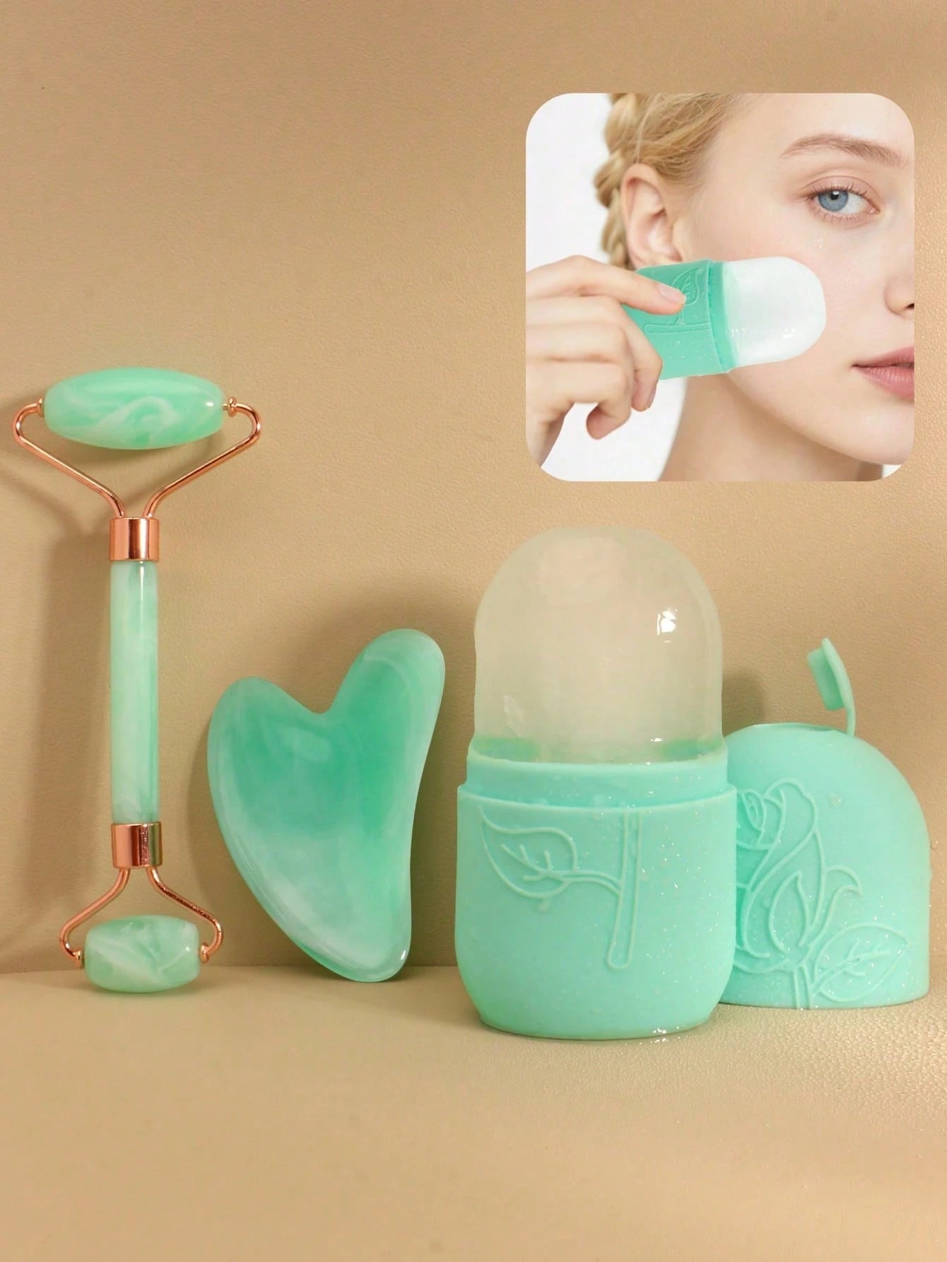 3pcs Facial Beauty Gua Sha Ice Mold Set, Roller Massage Gua Sha Tool Kit, Green Body Detox & Facial Lifting Massage