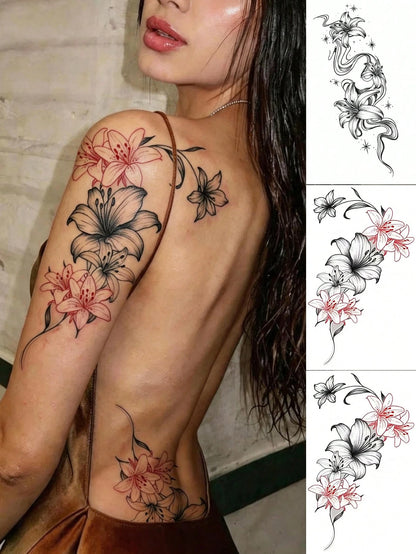 3pcs Fashionable Washable Line Lily Flower Temporary Tattoo Stickers, Waterproof Long-Lasting For Women, Fresh Side Waist Bud Gradient Stamen Pattern Realistic Tattoo Stickers Suitable For People