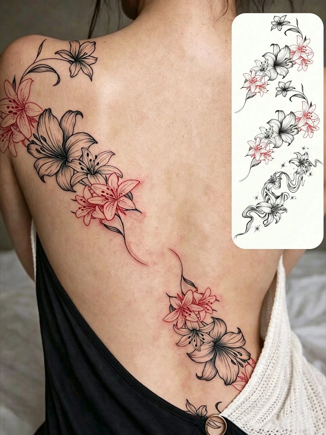 3pcs Fashionable Washable Line Lily Flower Temporary Tattoo Stickers, Waterproof Long-Lasting For Women, Fresh Side Waist Bud Gradient Stamen Pattern Realistic Tattoo Stickers Suitable For People