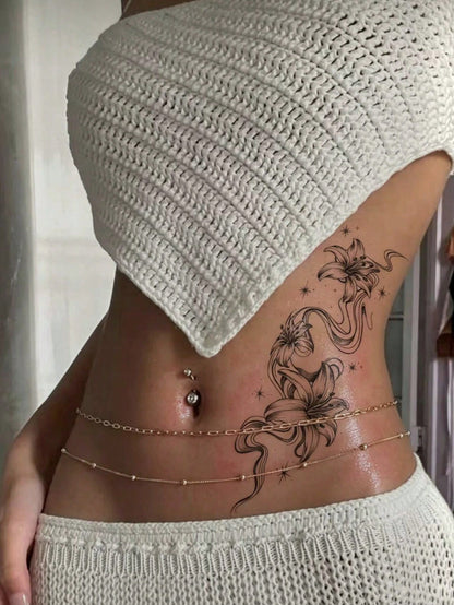 3pcs Fashionable Washable Line Lily Flower Temporary Tattoo Stickers, Waterproof Long-Lasting For Women, Fresh Side Waist Bud Gradient Stamen Pattern Realistic Tattoo Stickers Suitable For People