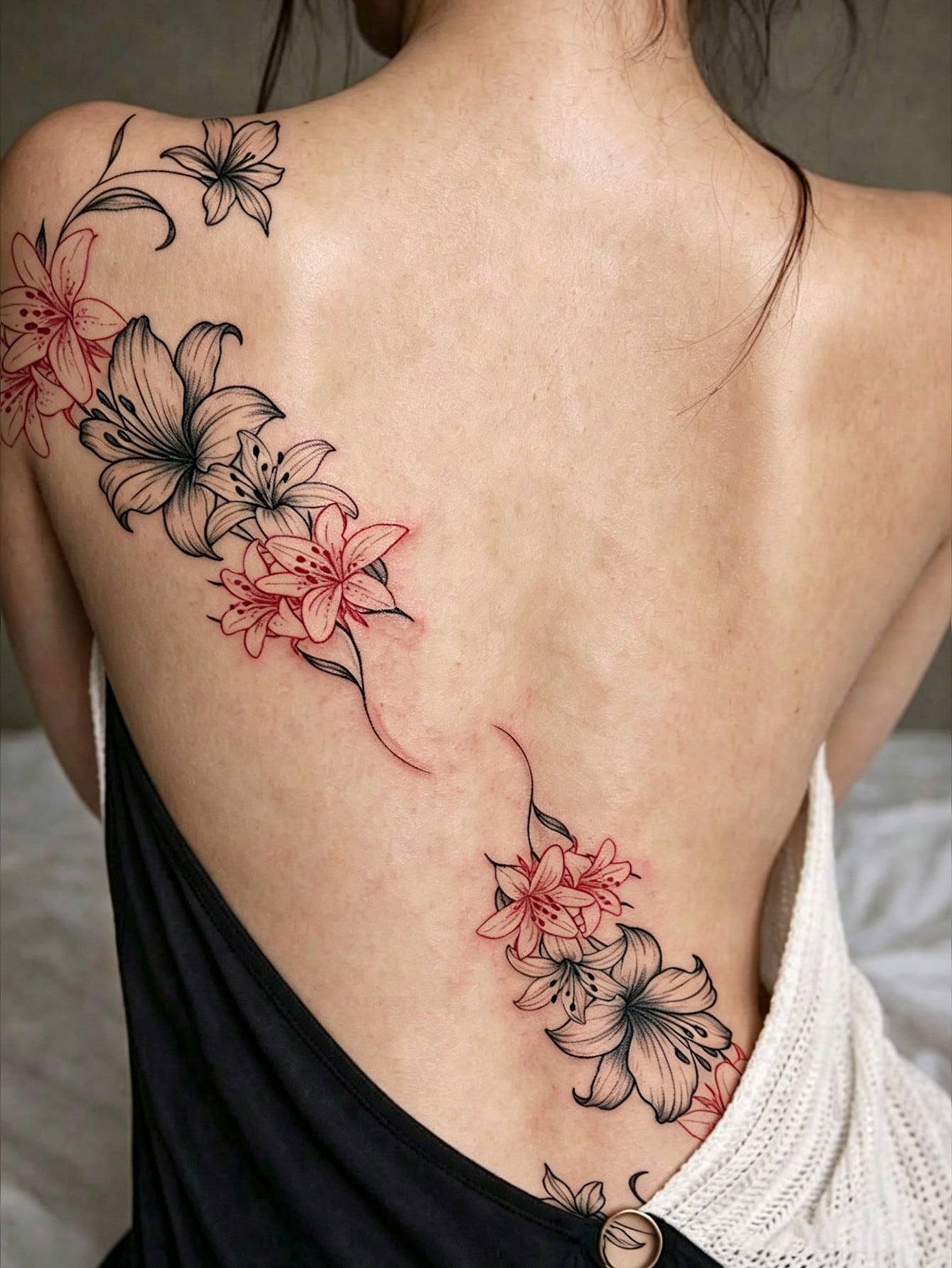 3pcs Fashionable Washable Line Lily Flower Temporary Tattoo Stickers, Waterproof Long-Lasting For Women, Fresh Side Waist Bud Gradient Stamen Pattern Realistic Tattoo Stickers Suitable For People