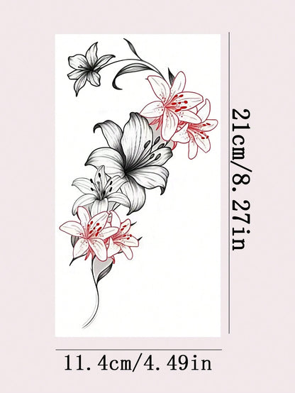 3pcs Fashionable Washable Line Lily Flower Temporary Tattoo Stickers, Waterproof Long-Lasting For Women, Fresh Side Waist Bud Gradient Stamen Pattern Realistic Tattoo Stickers Suitable For People