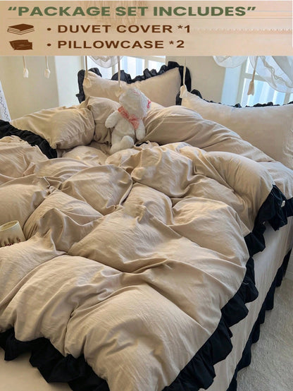 3pcs Khaki Ultra Soft & Skin-Friendly Floral Lace Duvet Cover Set, 1 Duvet Cover And 2 Pillow Covers, Washable, Without Filler