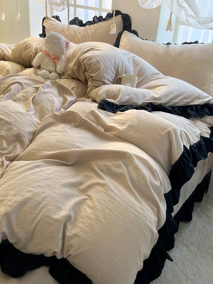 3pcs Khaki Ultra Soft & Skin-Friendly Floral Lace Duvet Cover Set, 1 Duvet Cover And 2 Pillow Covers, Washable, Without Filler