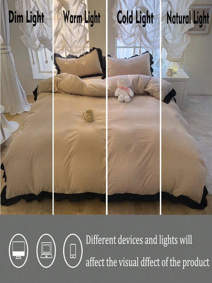 3pcs Khaki Ultra Soft & Skin-Friendly Floral Lace Duvet Cover Set, 1 Duvet Cover And 2 Pillow Covers, Washable, Without Filler