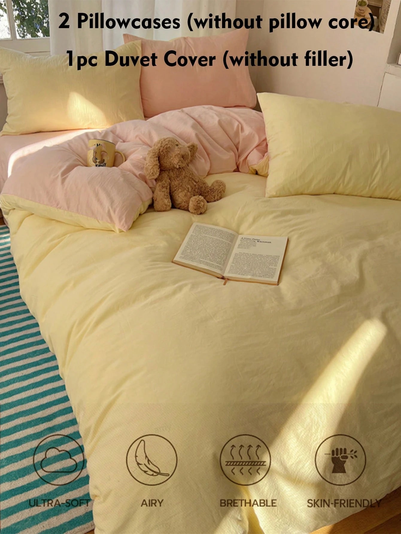 3pcs Light Yellow & Light Pink Bedding Set, 1 Duvet Cover And 2 Pillowcases, Boys & Girls Dorm Bedding, Simple & Fashionable Home Decor, Soft & Comfortable Bedroom Bedding, Fashionable Set, Machine Wa