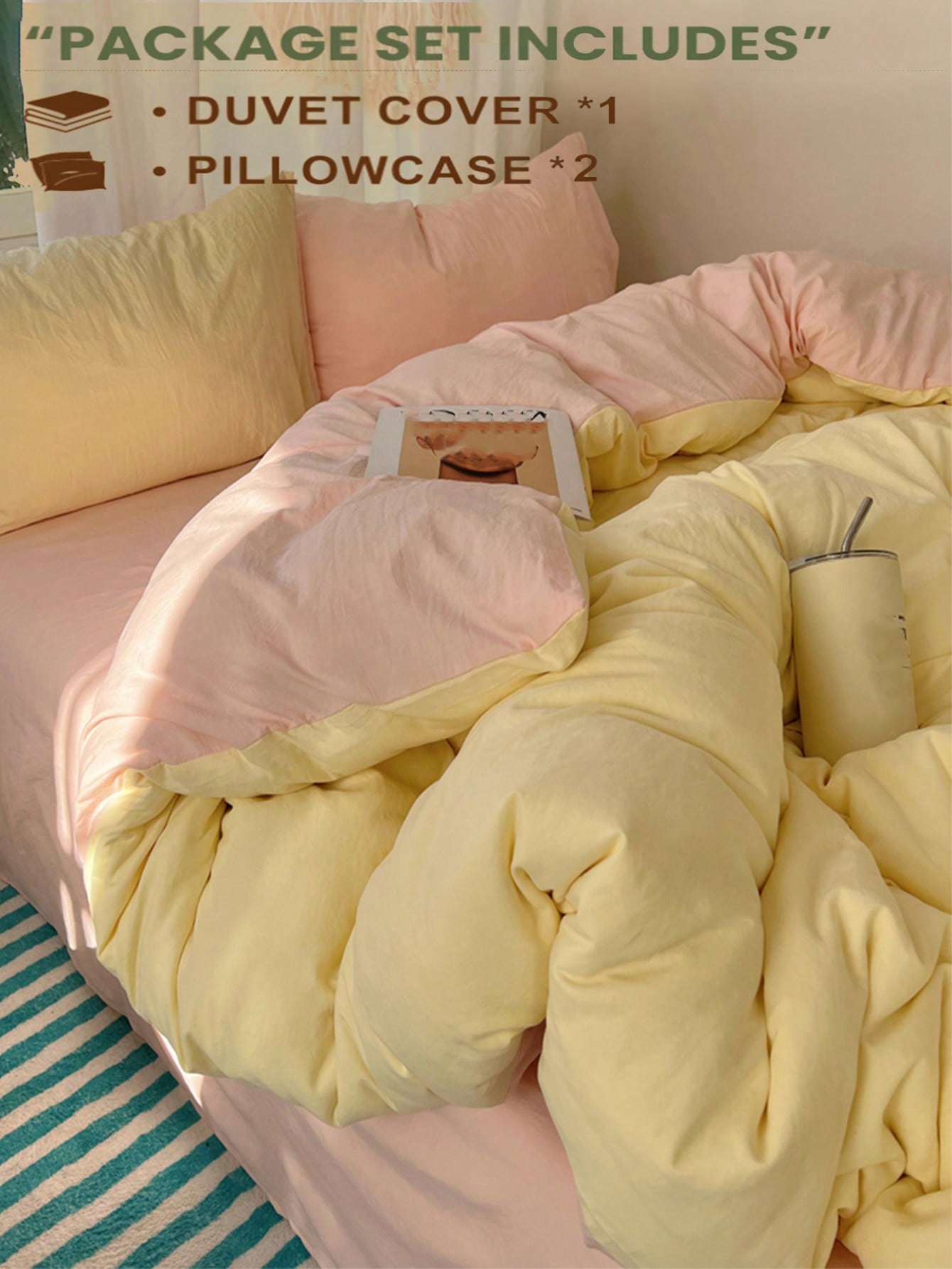 3pcs Light Yellow & Light Pink Bedding Set, 1 Duvet Cover And 2 Pillowcases, Boys & Girls Dorm Bedding, Simple & Fashionable Home Decor, Soft & Comfortable Bedroom Bedding, Fashionable Set, Machine Wa