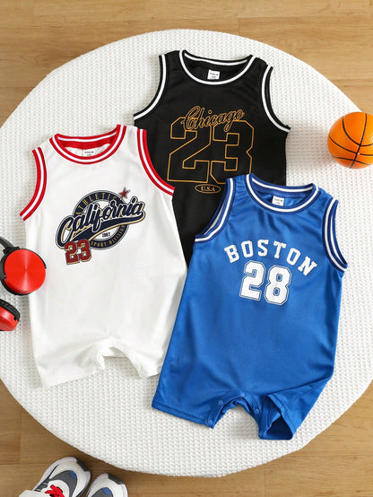 3pcs Newborn Baby Boy Casual Sports Sleeveless Romper With Letter Print, Colorblock, Basic Multi-Pack, Summer Romper Shorts