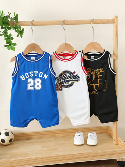 3pcs Newborn Baby Boy Casual Sports Sleeveless Romper With Letter Print, Colorblock, Basic Multi-Pack, Summer Romper Shorts