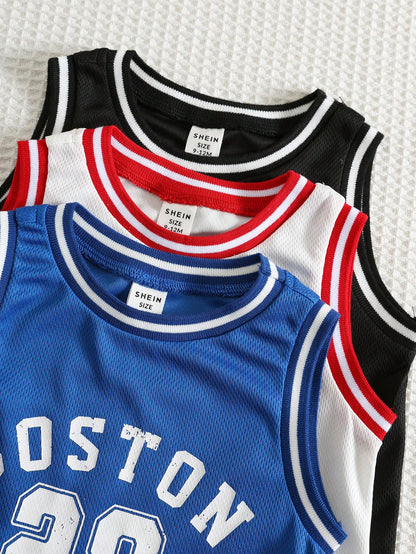 3pcs Newborn Baby Boy Casual Sports Sleeveless Romper With Letter Print, Colorblock, Basic Multi-Pack, Summer Romper Shorts