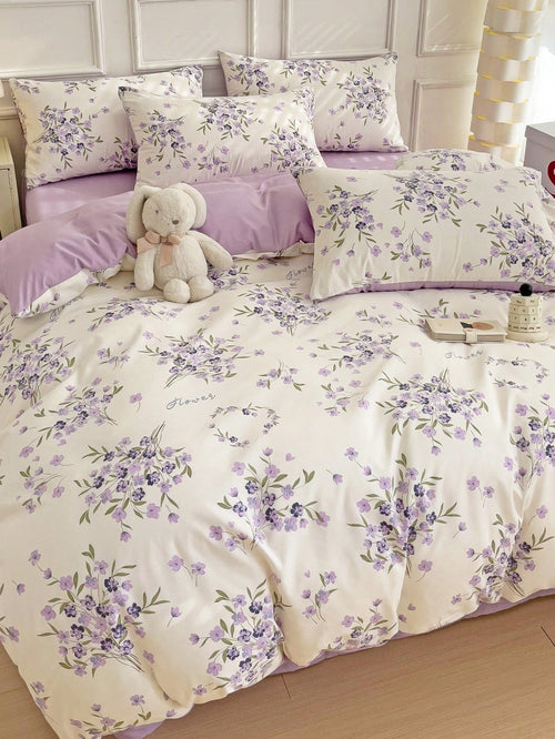 3pcs Polyester Fresh Floral Print Bedding Set (1 Duvet Cover, 2 Pillowcases, No Filler)