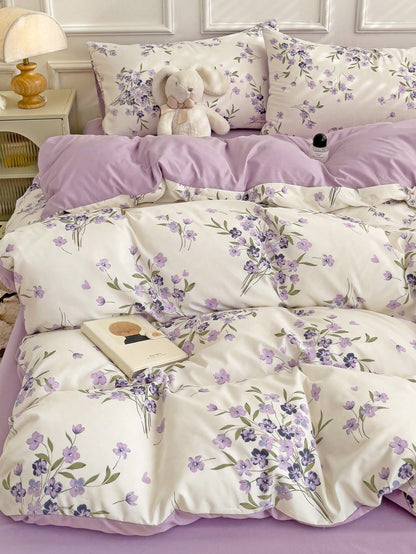 3pcs Polyester Fresh Floral Print Bedding Set (1 Duvet Cover, 2 Pillowcases, No Filler)