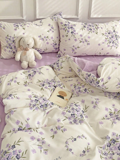 3pcs Polyester Fresh Floral Print Bedding Set (1 Duvet Cover, 2 Pillowcases, No Filler)