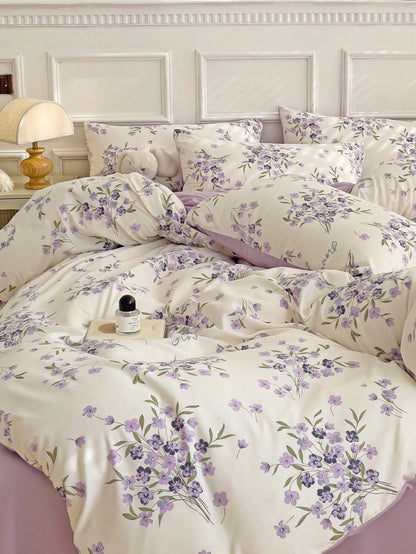 3pcs Polyester Fresh Floral Print Bedding Set (1 Duvet Cover, 2 Pillowcases, No Filler)