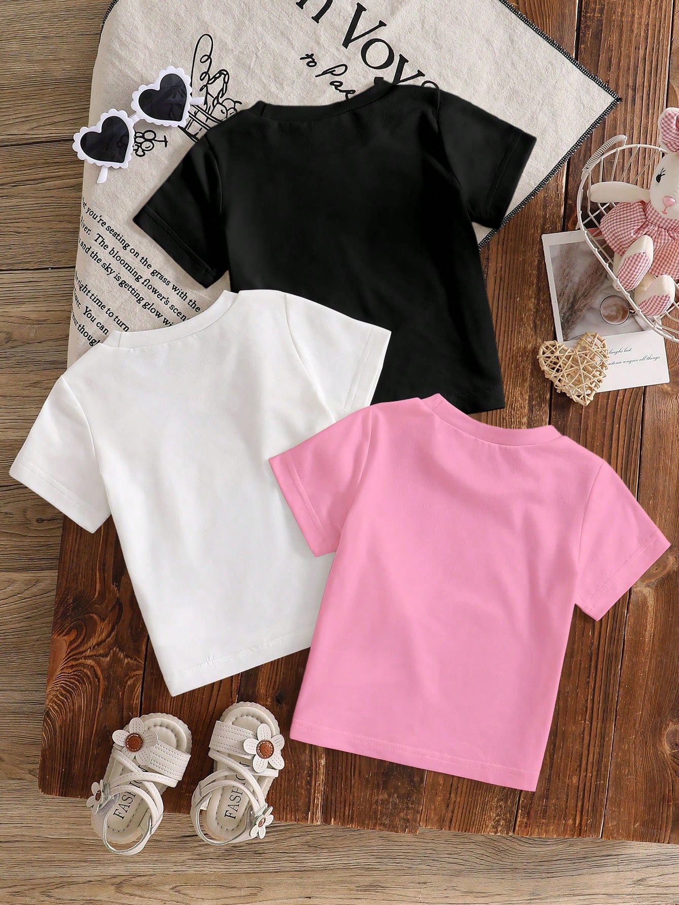3pcs/Set Baby Girl Short Sleeve Knit Crew Neck T-Shirts Cute Bow Design Black And White Pink Summer Casual School Back-To-School Toddler Tops Tees
