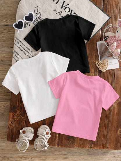 3pcs/Set Baby Girl Short Sleeve Knit Crew Neck T-Shirts Cute Bow Design Black And White Pink Summer Casual School Back-To-School Toddler Tops Tees