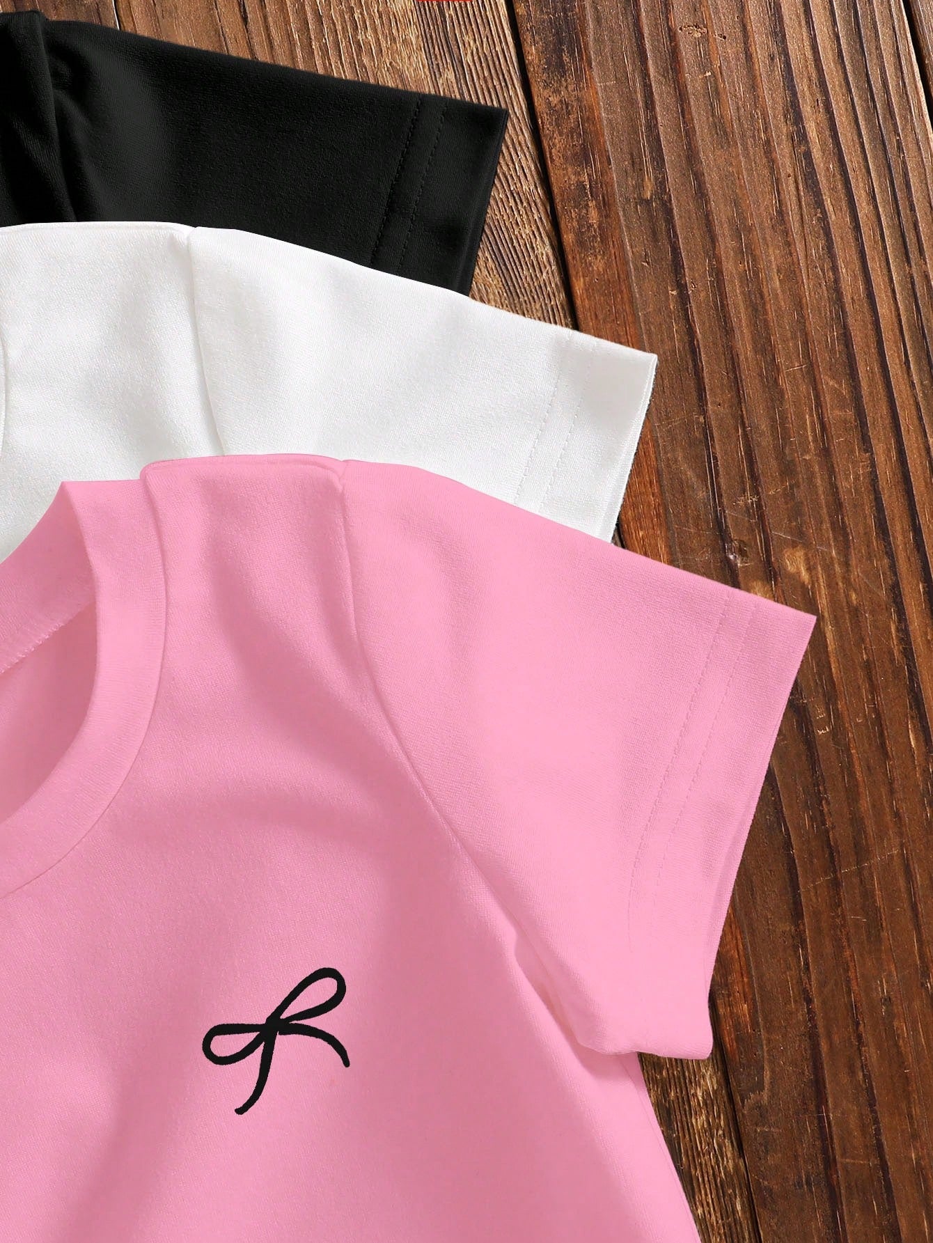3pcs/Set Baby Girl Short Sleeve Knit Crew Neck T-Shirts Cute Bow Design Black And White Pink Summer Casual School Back-To-School Toddler Tops Tees