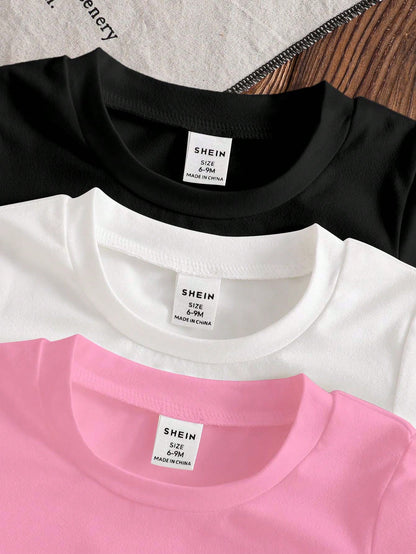 3pcs/Set Baby Girl Short Sleeve Knit Crew Neck T-Shirts Cute Bow Design Black And White Pink Summer Casual School Back-To-School Toddler Tops Tees