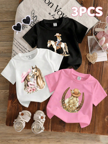 3pcs/Set Baby Girl Short Sleeve Knit Crew Neck T-Shirts Cute Bow Design Black And White Pink Summer Casual School Back-To-School Toddler Tops Tees