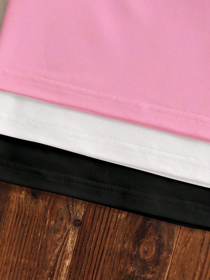 3pcs/Set Baby Girl Short Sleeve Knit Crew Neck T-Shirts Cute Bow Design Black And White Pink Summer Casual School Back-To-School Toddler Tops Tees