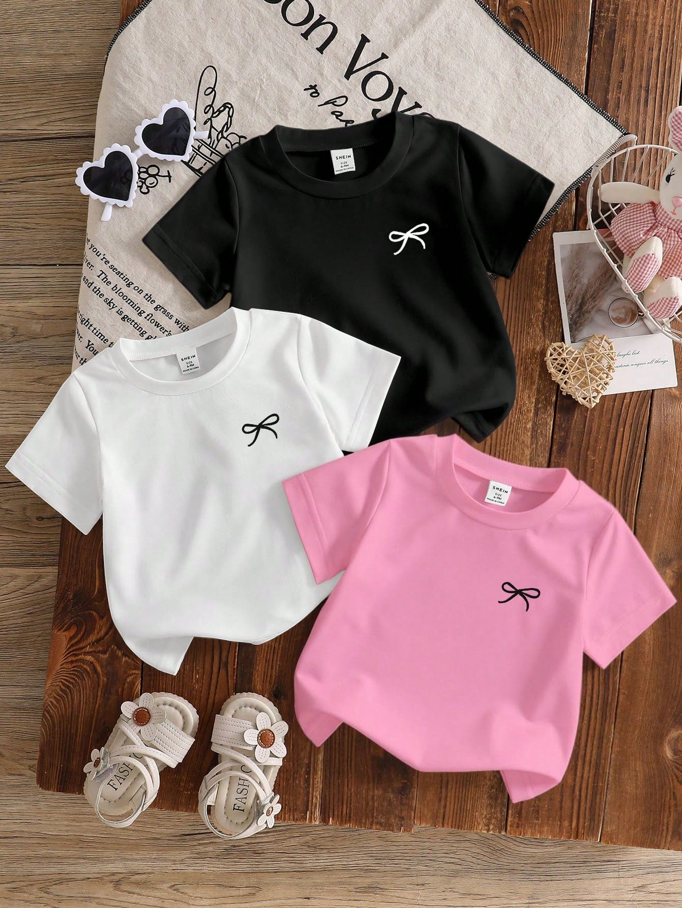 3pcs/Set Baby Girl Short Sleeve Knit Crew Neck T-Shirts Cute Bow Design Black And White Pink Summer Casual School Back-To-School Toddler Tops Tees