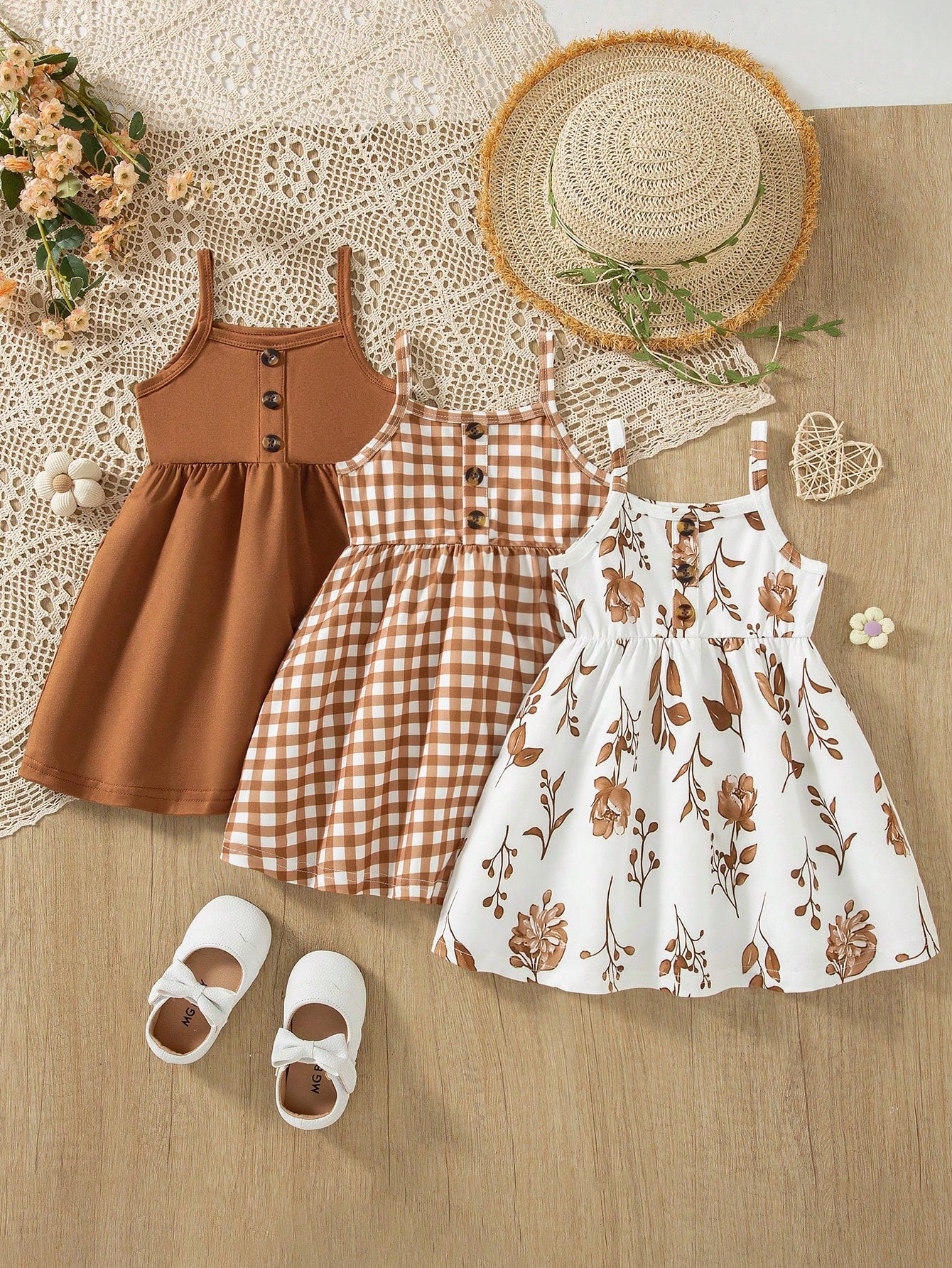 3pcs/Set Baby Girls' Floral Print Cami Dress + Solid Color Button Cami Dress + Plaid Print Button Patchwork Cami Dress, Birthday Gift