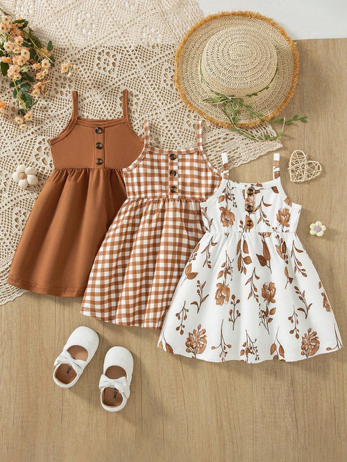 3pcs/Set Baby Girls' Floral Print Cami Dress + Solid Color Button Cami Dress + Plaid Print Button Patchwork Cami Dress, Birthday Gift