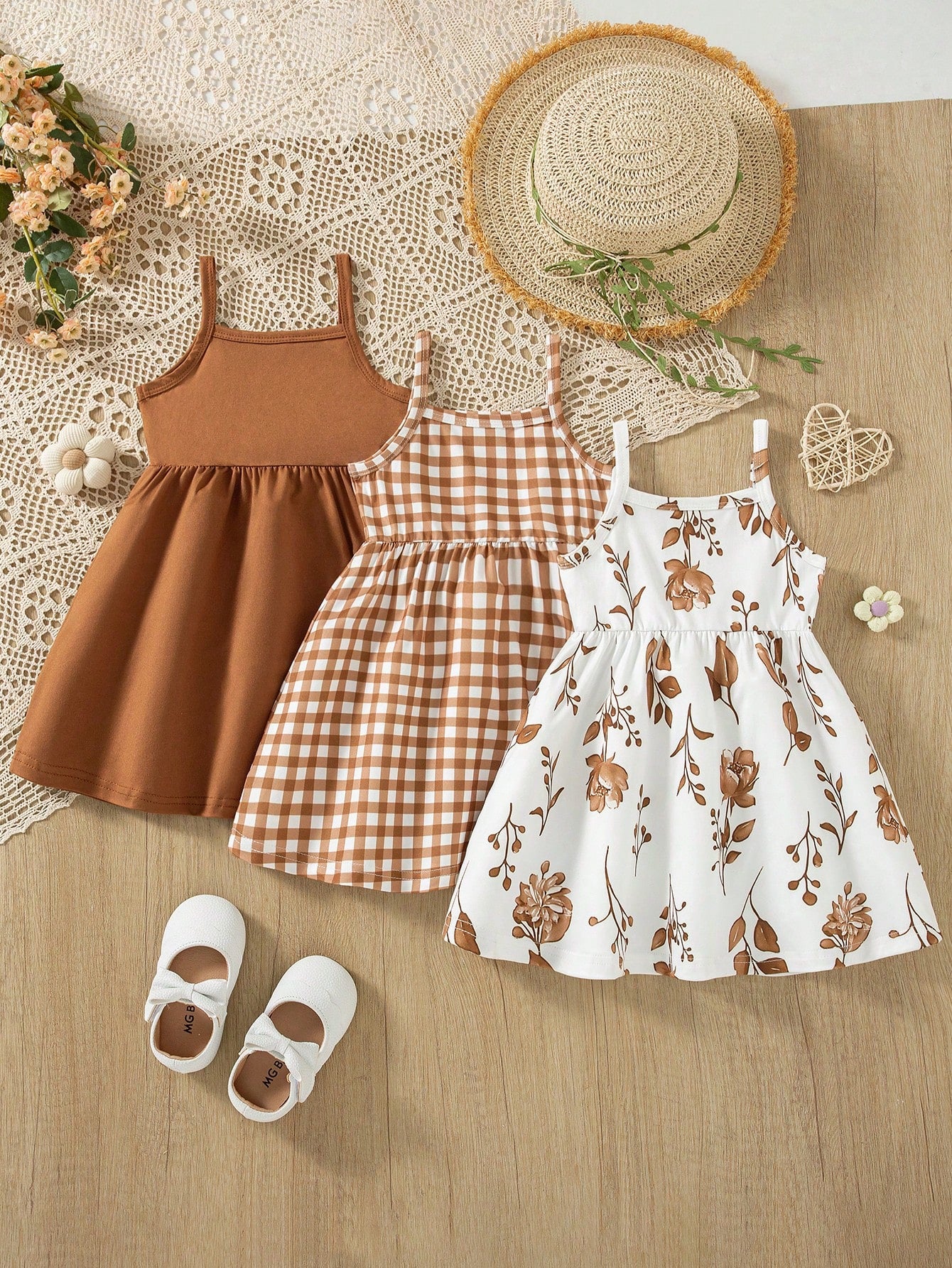 3pcs/Set Baby Girls' Floral Print Cami Dress + Solid Color Button Cami Dress + Plaid Print Button Patchwork Cami Dress, Birthday Gift