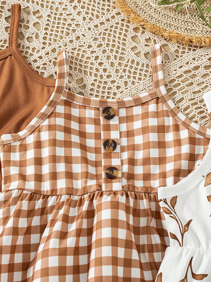 3pcs/Set Baby Girls' Floral Print Cami Dress + Solid Color Button Cami Dress + Plaid Print Button Patchwork Cami Dress, Birthday Gift