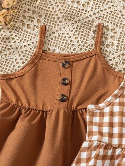 3pcs/Set Baby Girls' Floral Print Cami Dress + Solid Color Button Cami Dress + Plaid Print Button Patchwork Cami Dress, Birthday Gift