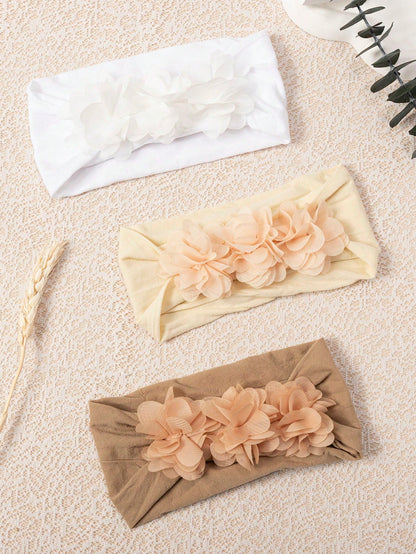 3pcs/Set Baby Girls' Soft Elastic Comfortable 3 Chiffon Flower Headbands, Suitable For Daily Use