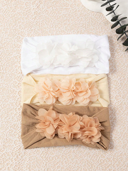 3pcs/Set Baby Girls' Soft Elastic Comfortable 3 Chiffon Flower Headbands, Suitable For Daily Use