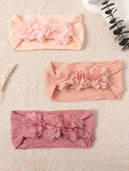 3pcs/Set Baby Girls' Soft Elastic Comfortable 3 Chiffon Flower Headbands, Suitable For Daily Use