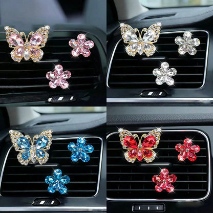 3pcs/Set Gemstone Butterfly Five-Petal Flower Car Air Vent Fragrance Clip Crystal Car Interior Decor Air Conditioning Vent Clip Car Air Freshener