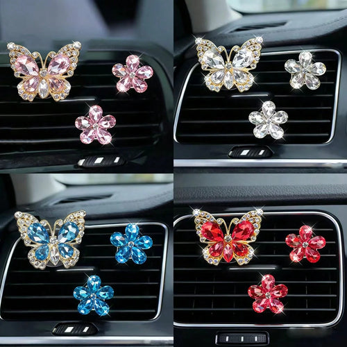 3pcs/Set Gemstone Butterfly Five-Petal Flower Car Air Vent Fragrance Clip Crystal Car Interior Decor Air Conditioning Vent Clip Car Air Freshener