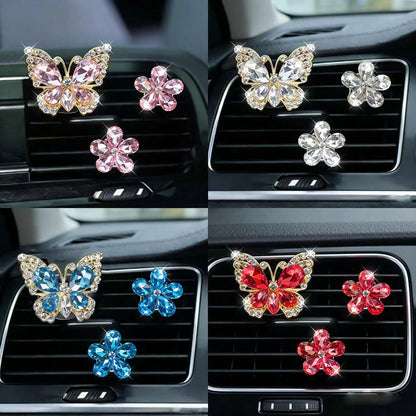 3pcs/Set Gemstone Butterfly Five-Petal Flower Car Air Vent Fragrance Clip Crystal Car Interior Decor Air Conditioning Vent Clip Car Air Freshener