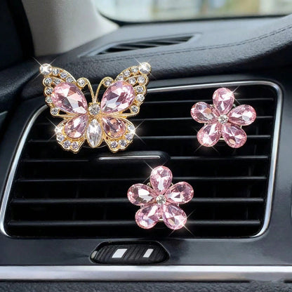 3pcs/Set Gemstone Butterfly Five-Petal Flower Car Air Vent Fragrance Clip Crystal Car Interior Decor Air Conditioning Vent Clip Car Air Freshener