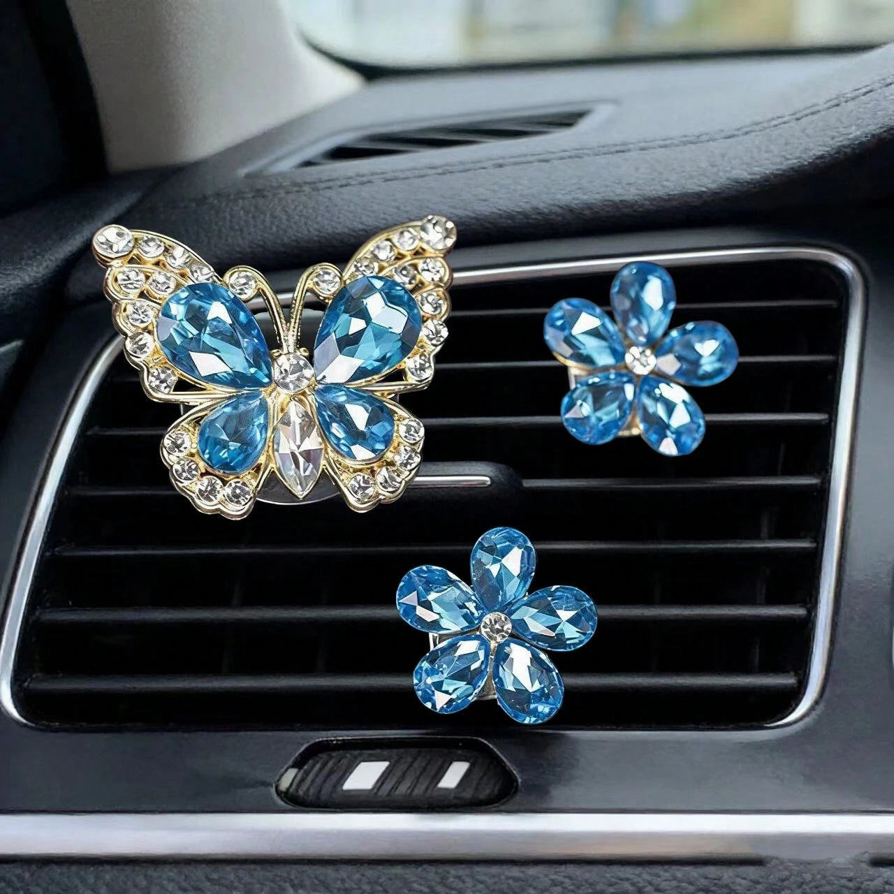 3pcs/Set Gemstone Butterfly Five-Petal Flower Car Air Vent Fragrance Clip Crystal Car Interior Decor Air Conditioning Vent Clip Car Air Freshener