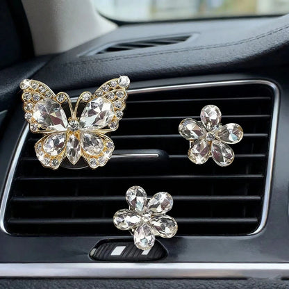 3pcs/Set Gemstone Butterfly Five-Petal Flower Car Air Vent Fragrance Clip Crystal Car Interior Decor Air Conditioning Vent Clip Car Air Freshener